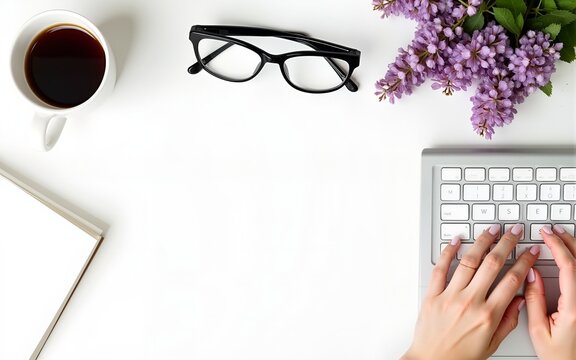 Workspace with girl's hands on laptop keyboard, notebook, glasses, cup of coffee and wisteria flowers on white background. Top view feminine office table desk. Freelancer working place. High quality