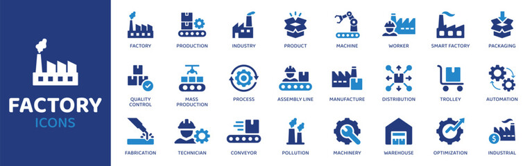 Factory - Icon Collection. Thin Line Set contains such Icons as Factory, Plant, Industry, Machine, Gear, Assembly, Belt and more. Simple web icons set. © MAHAMMAD