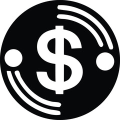 Abstract circular design featuring a large white dollar sign within a black circle and stylized orbital elements