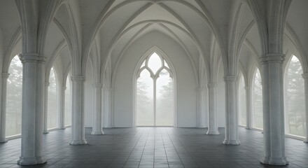 Obraz premium A grand, white hallway with tall gothic arches, viewed from a different angle