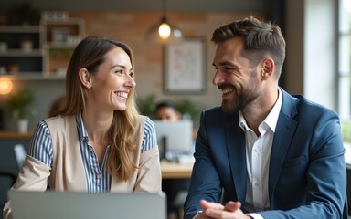 Smiling happy woman having pleasant conversation with male colleague during break, discussing new interesting idea, talking about project at workplace, having fun together, laughing at joke