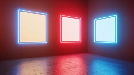 Empty neon-lit square frames in a room.