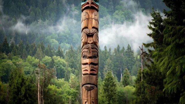 An elaborately carved wooden totem pole stands tall amid the lush green forest, showcasing traditional indigenous art and cultural heritage.