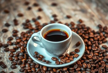 Espresso cup, saucer, coffee beans scattered artfully,  italian coffee,  background