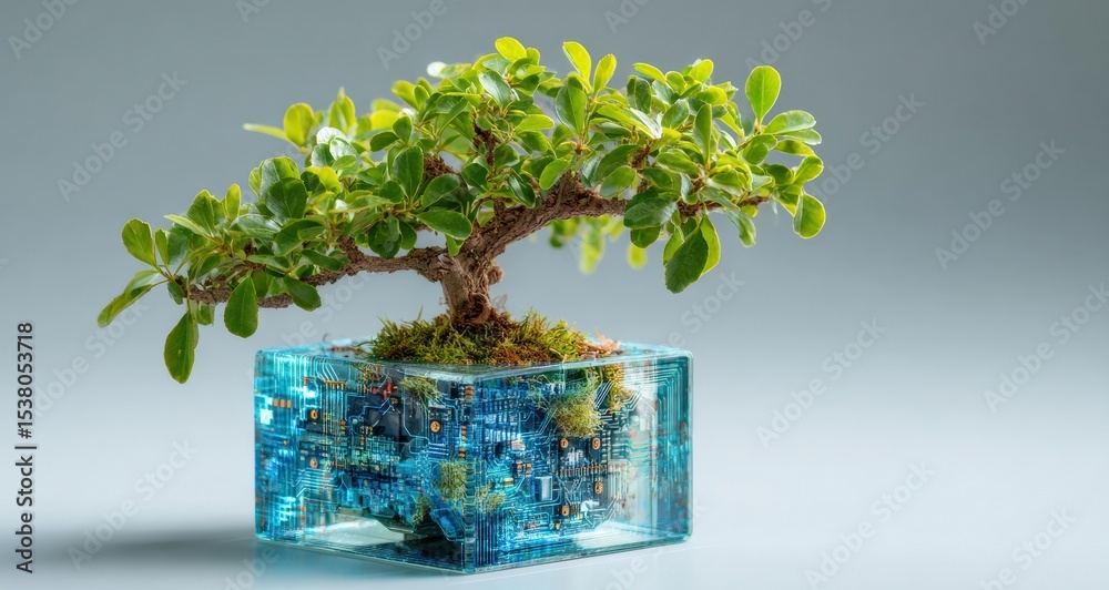 Poster bonsai growing from a transparent cube with a digital circuit inside, representing green tech, eco f