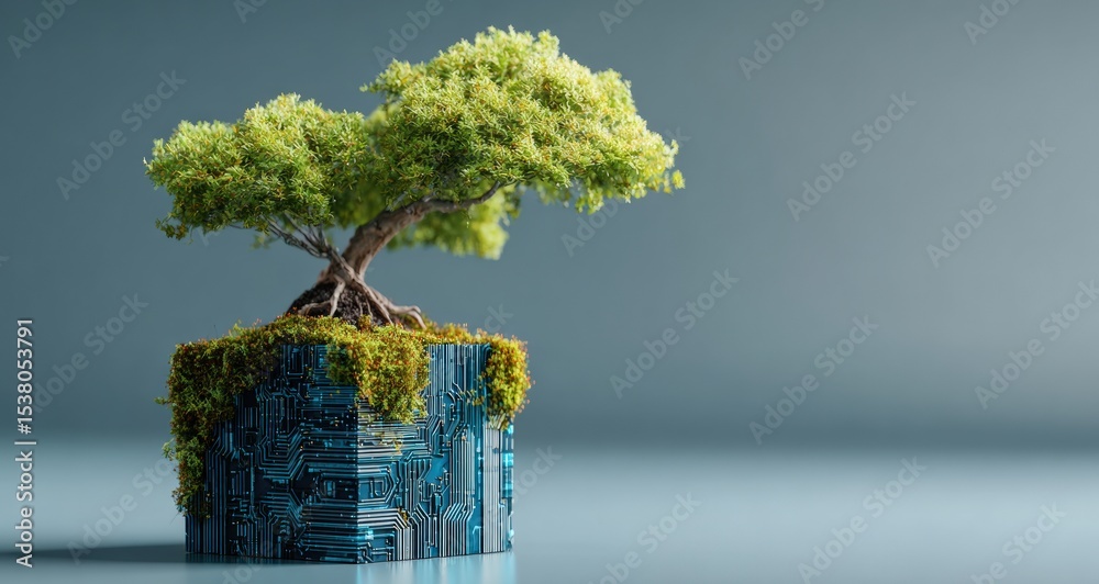 Poster lush bonsai growing from a cube covered with electronic circuits, symbolizing the fusion of nature a