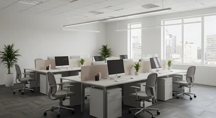 A large, modern office space with clusters of desks and chairs