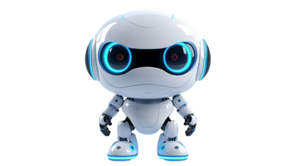 Adorable White Robot with Glowing Blue Eyes Standing on transparent Background Perfect for Tech Designs