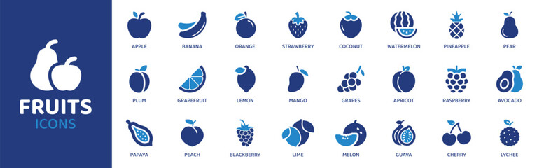Fruits - Icon Collection. Thin Line Set contains such Icons as Fruit, Apple, Banana, Orange, Mango, Grapes, Kiwi and more. Simple web icons set.