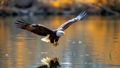 Obraz premium Majestic eagle soaring gracefully over tranquil lake, wings spread wide, reflecting golden hues of sunset. scene captures beauty and power of nature in perfect harmony