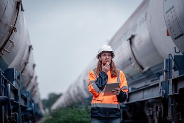 Engineer railway engaged in discussion or inspection maintenance work greenery and gas or oil power industrial or transportation setting in the rail train import export logistics industry concept.