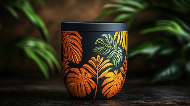 Dark container with orange palm and monstera leaves relief pattern on dark background with blurred green plants, conveying artistic, natural and decorative vibe