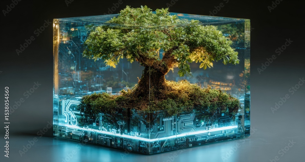 Poster Miniature tree growing inside a transparent cube with a circuit board at the bottom, illuminated by a soft light, symbolizing the fusion of nature and technology
