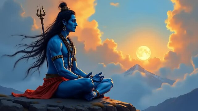 Shiva Meditates Sunset Mountain.