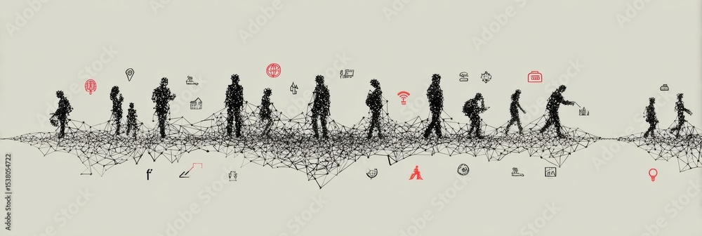 Poster Visual Lifeline Representation Illustrating Connection Among Diverse Individuals Through String Links, Emphasizing Relationships and Interactions Over Time