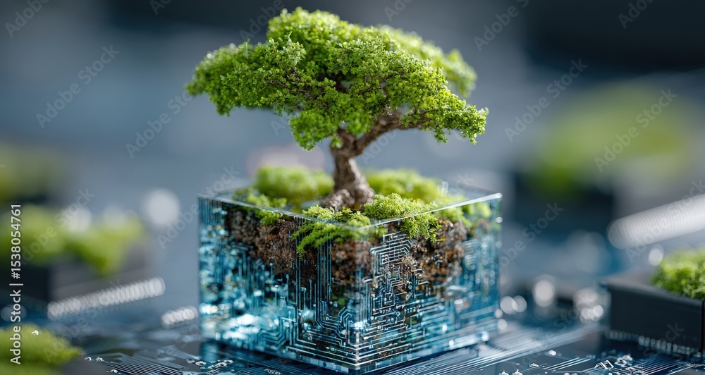 Poster lush green tree growing on a transparent digital cube with a circuit board background, representing 