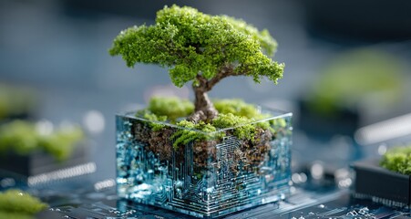 Lush green tree growing on a transparent digital cube with a circuit board background, representing the concept of sustainable technology and environmental protection