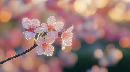 Delicate cherry blossoms sparkling with morning dew embodying new beginnings in soft focus bokeh