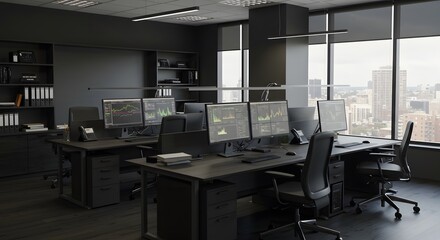 A dark, modern office with sleek black desks and chairs