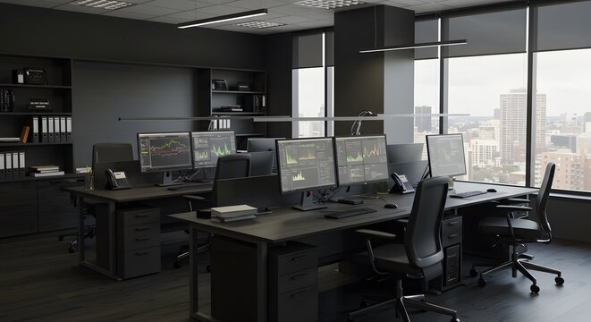 A dark, modern office with sleek black desks and chairs