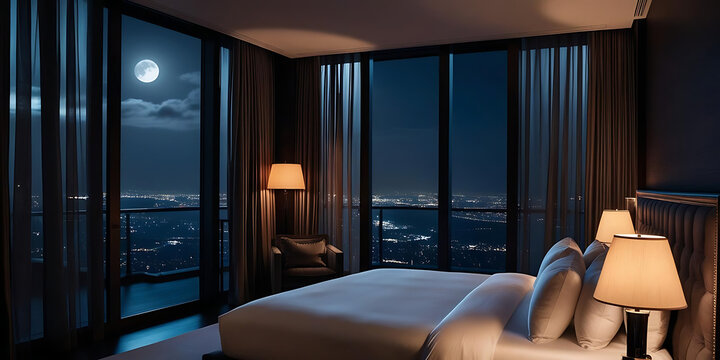 Elegant Hotel Room at Night with King Bed, Soft Lighting, and Floor-to-Ceiling Windows Overlooking Moonlit Cityscape

