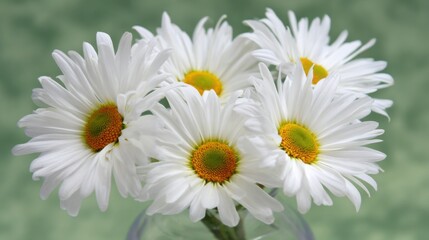 Cluster of delicate white daisies with vibrant yellow-orange centers in a clear glass vase, surrounded by soft green out-of-focus leafy background, creating a fresh and serene natural bouquet.