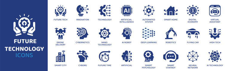 Future Technology - Icon Collection. Thin Line Set contains such Icons as AI, Robot, Drone, Quantum, Blockchain, Chip, Neural and more. Simple web icons set.