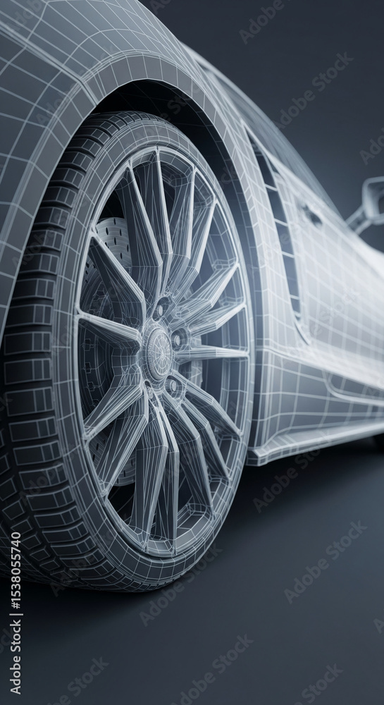 Poster close-up of wireframe car wheel and tire, showcasing automotive design detail. clean lines and geome