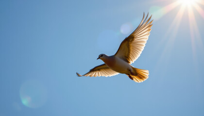 Obraz premium Dove midflight against clear blue sky, showcasing its elegant wings spread wide. sunlight creates beautiful halo effect, enhancing serene atmosphere of scene