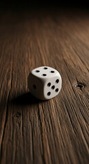 White die on dark wood grain surface, showcasing a simple yet dramatic scene, representing chance, luck, or gambling