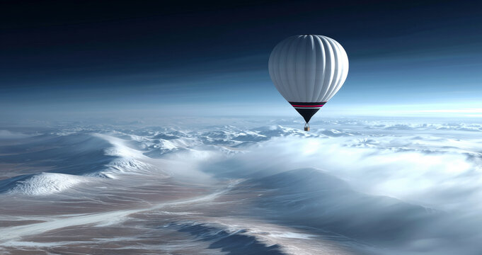 A high altitude balloon probe is floating above snow-covered mountains, equipped with sensors for climate monitoring. This setup aims to gather data on weather patterns and atmospheric conditions.