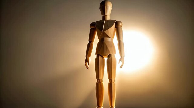 Wooden mannequin figure standing on block in studio with soft light, art supply and study object, articulated figure for drawing reference and creative expression.
