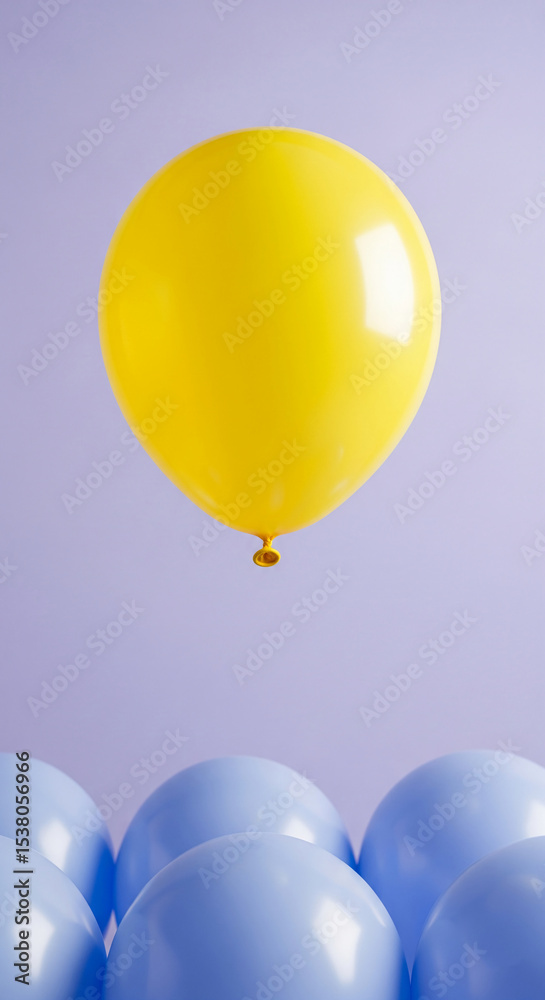 Poster single yellow balloon floats above a cluster of light-blue balloons against a lavender background, s