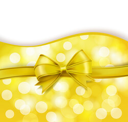 golden bow and holiday blurry bokeh yellow background, light effects and curve lines. vector illustration