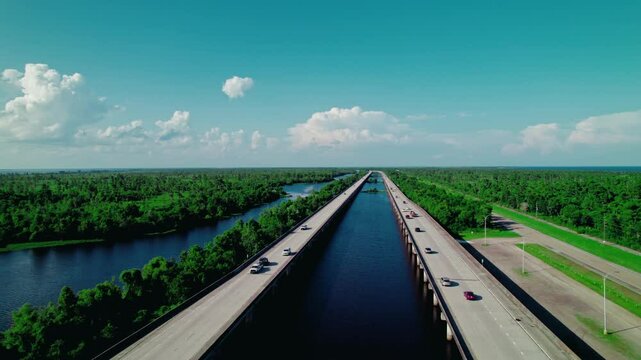 Dynamic backward aerial shot of a tow truck hauling a car along I-55 near LaPlace, Louisiana perfect for transport and roadside service projects.