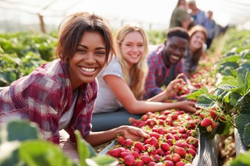 Fototapeta premium Group of diverse individuals joyfully harvesting fresh strawberries in a vibrant field, showcasing teamwork and connection with nature, emphasizing the joy of agricultural activities 