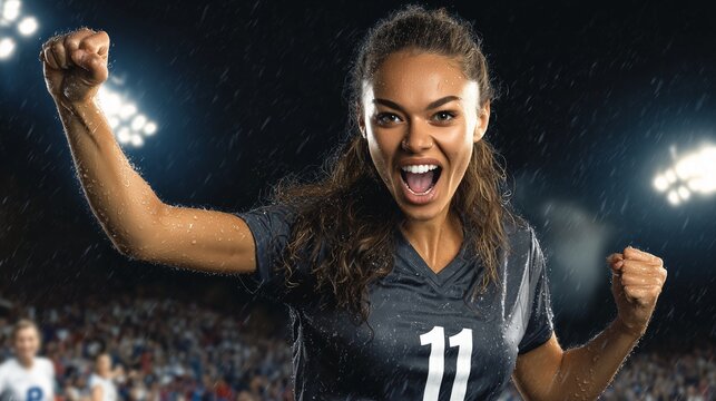 An elite female soccer player, her face a mask of intense exhilaration and effort, roars in celebration after scoring a crucial goal. The stadium lights create a dramatic flare.