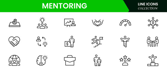Supportive vector web line icons depicting mentoring, guidance, coaching, knowledge sharing, and professional growth for empowering personal development.