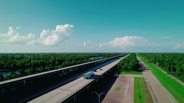 Smooth drone flyover following a dry van semi truck on I-55 through Laplace, Louisiana&mdash;ideal for transportation, logistics, and commercial highways.