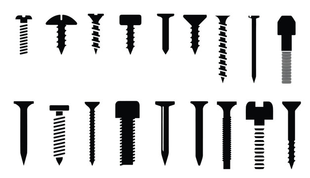 Screw tools, bolt and nail nut silhouettes collection in black