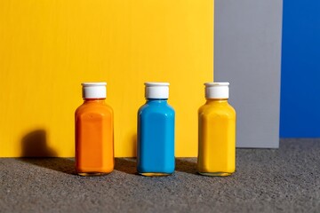Three small glass bottles filled with vibrant orange blue and yellow liquids stand on a gray surface against a backdrop of yellow gray and blue panels