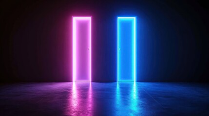 Two neon doors in a dark room.