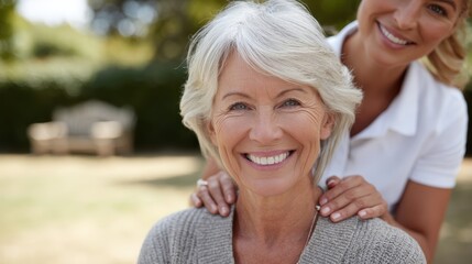 Nurse assisting senior woman in the park of a retirement home