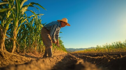Male farmer in straw hat tending to crops in a sunlit field, surrounded by tall green corn plants, showcasing dedication to agriculture and connection to nature in a vibrant rural landscape