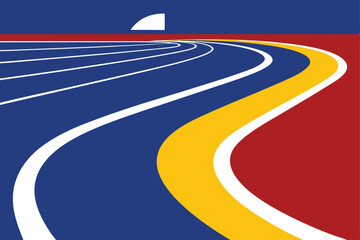 Abstract illustration of a running track with blue lanes, yellow accents, and a red and blue background with a sun.