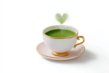 Obraz premium White teacup with gold trim filled with green tea, steam rising shape of heart, matching saucer, symbolizing warmth and love, with white