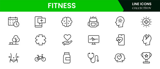 Vibrant vector web line icons depicting health, fitness, exercise, nutrition, wellness, and active lifestyles for optimal well-being.