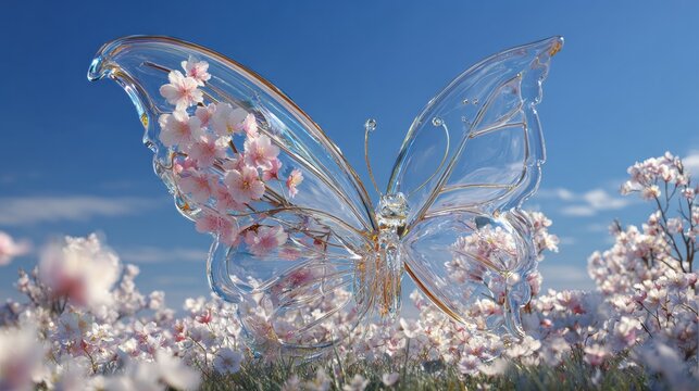 A transparent butterfly with floral wings hovers over a blossoming field under a clear blue sky.