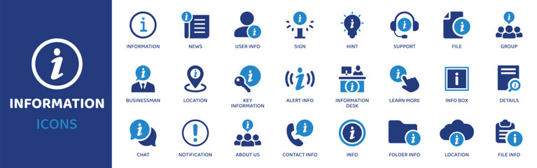 Information - Icon Collection. Thin Line Set contains such Icons as Info, Help, FAQ, Guide, Support, Document, Article and more. Simple web icons set.
