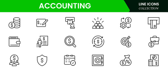 Precise vector web line icons depicting accounting, bookkeeping, financial reports, calculators, and budget management for accurate fiscal operations.